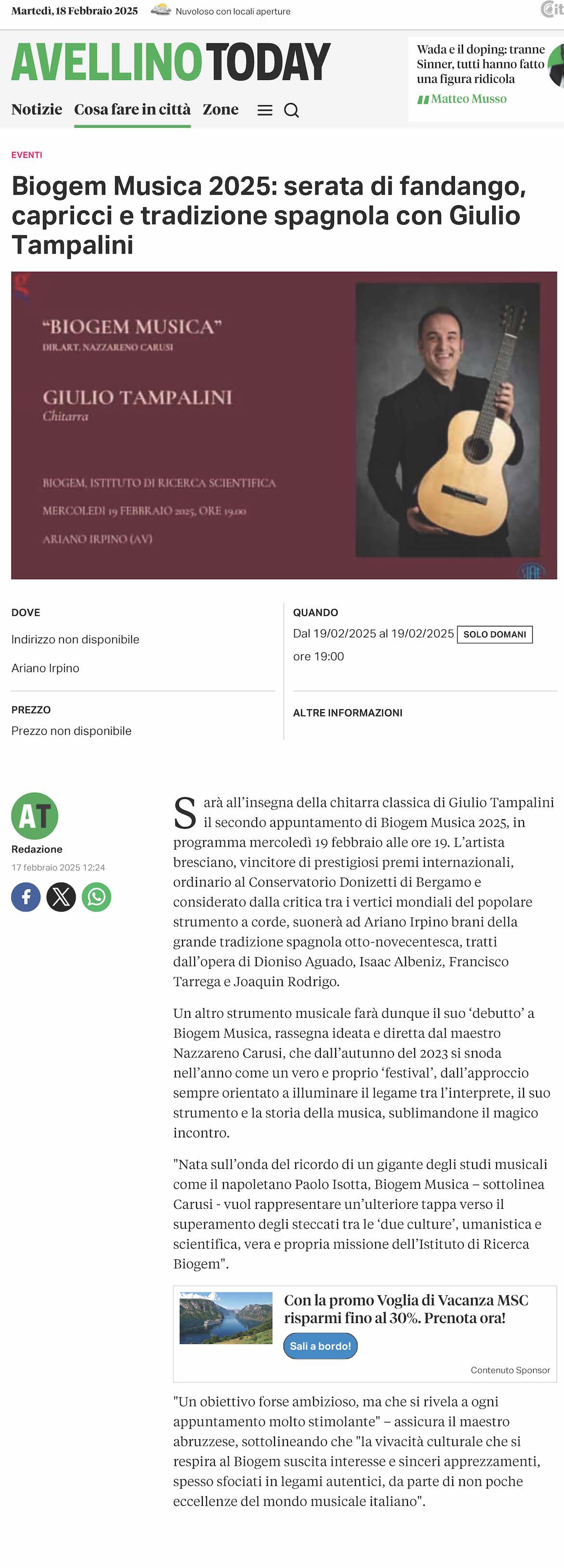 Biogem Musica 2025: serata di fandango, capricci e tradizione spagnola con Giulio Tampalini